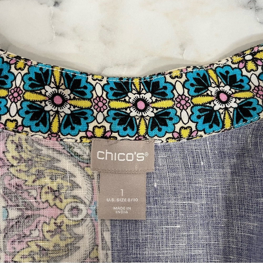 Chico's Patchwork Linen Long Kimono Duster Cardigan Topper Mixed Media Size 8/10 - Picture 10 of 13